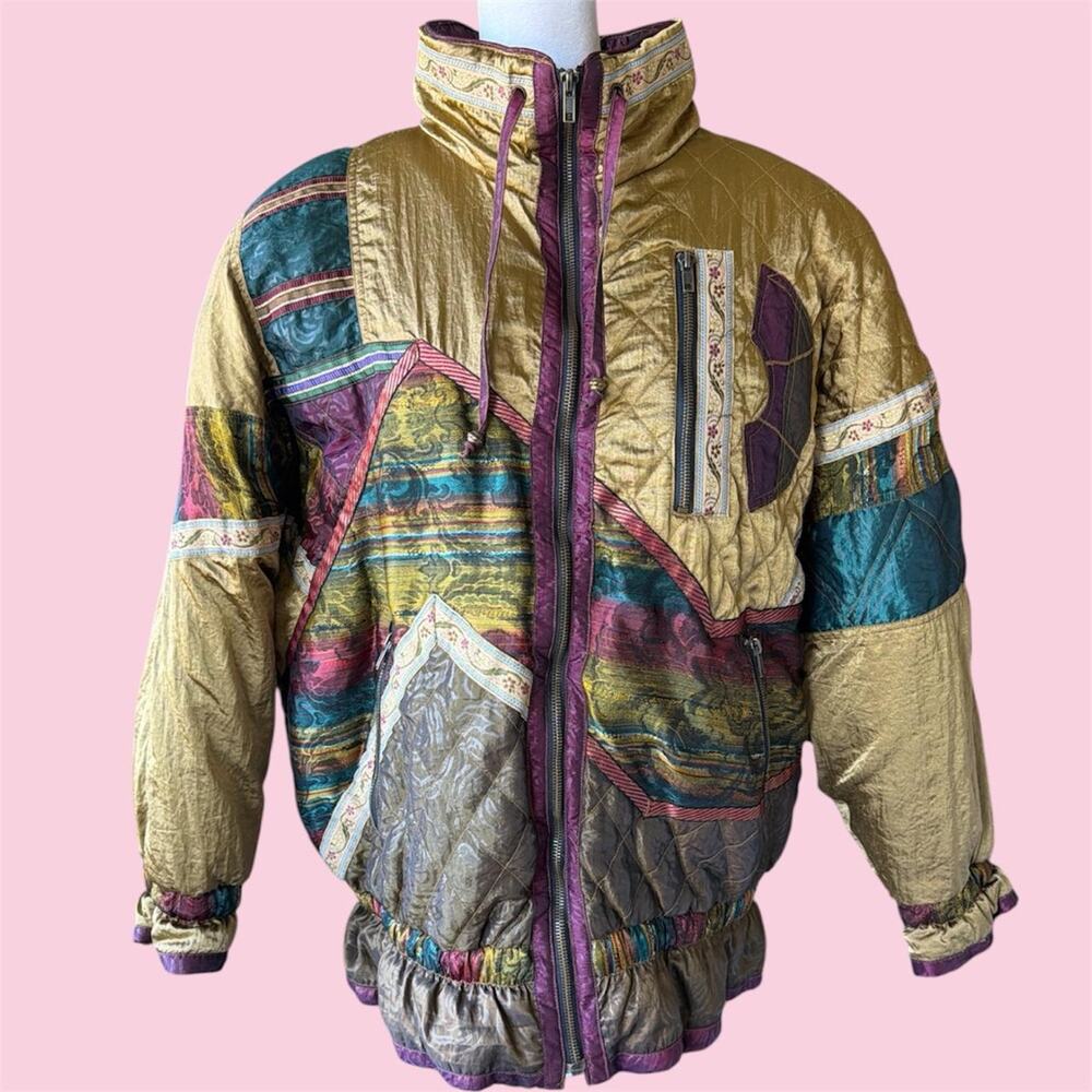 Vintage J. Gallery multicolored patchwork puffer jacket with decorative trim